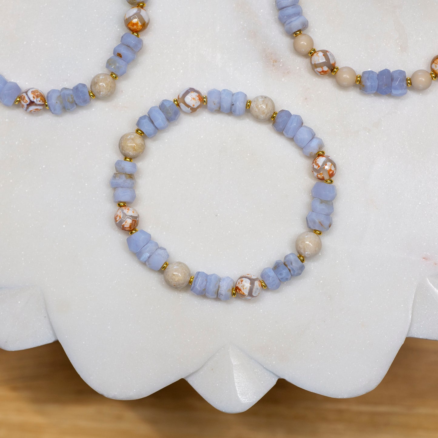 Blue Lace Agate, Riverstone, and Turtle Dzi Agate Stretch Bracelet