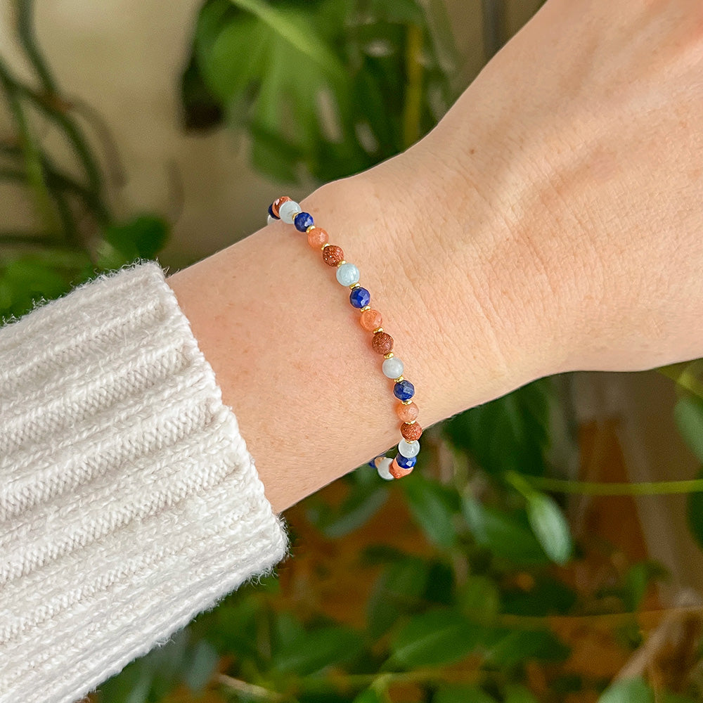 Sparkling Aquamarine, Goldstone, Sunstone and Lapis Lazuli Stretch Bracelet