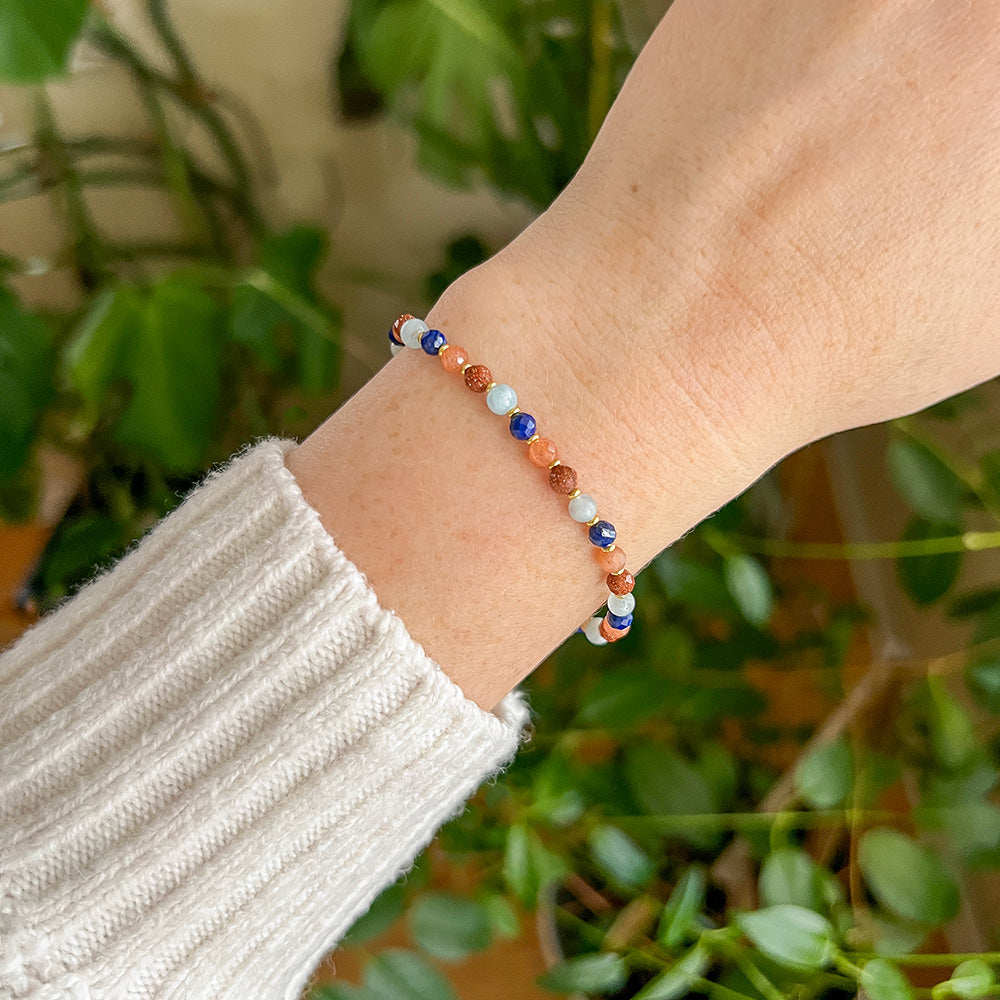 Sparkling Aquamarine, Goldstone, Sunstone and Lapis Lazuli Stretch Bracelet