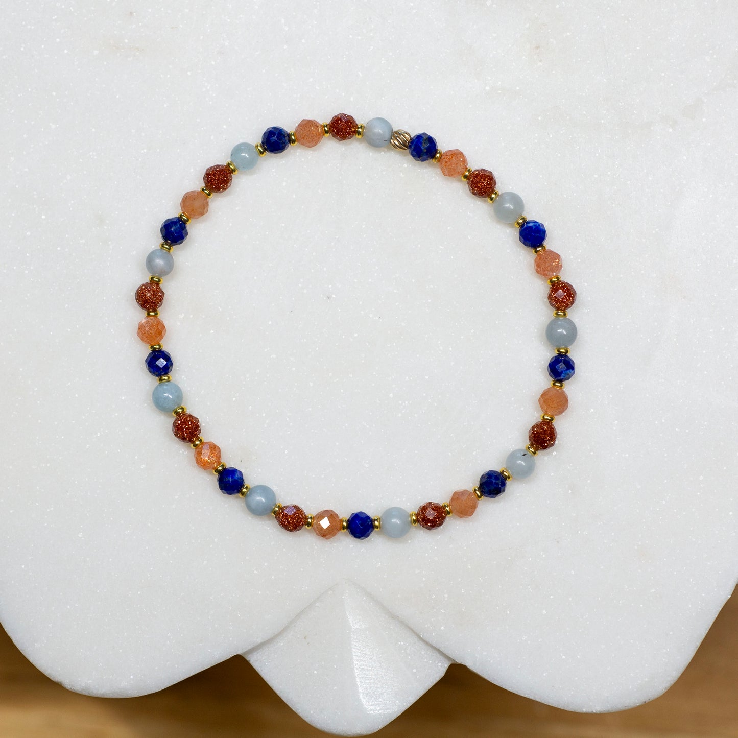 Sparkling Aquamarine, Goldstone, Sunstone and Lapis Lazuli Stretch Bracelet