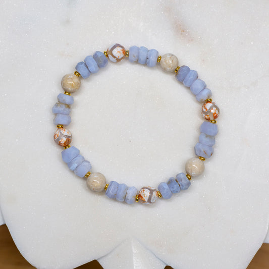 Blue Lace Agate, Riverstone, and Turtle Dzi Agate Stretch Bracelet