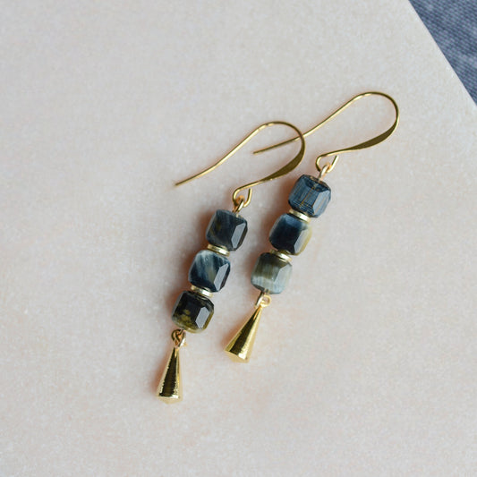 Blue Tiger's Eye Cube Stack Earrings