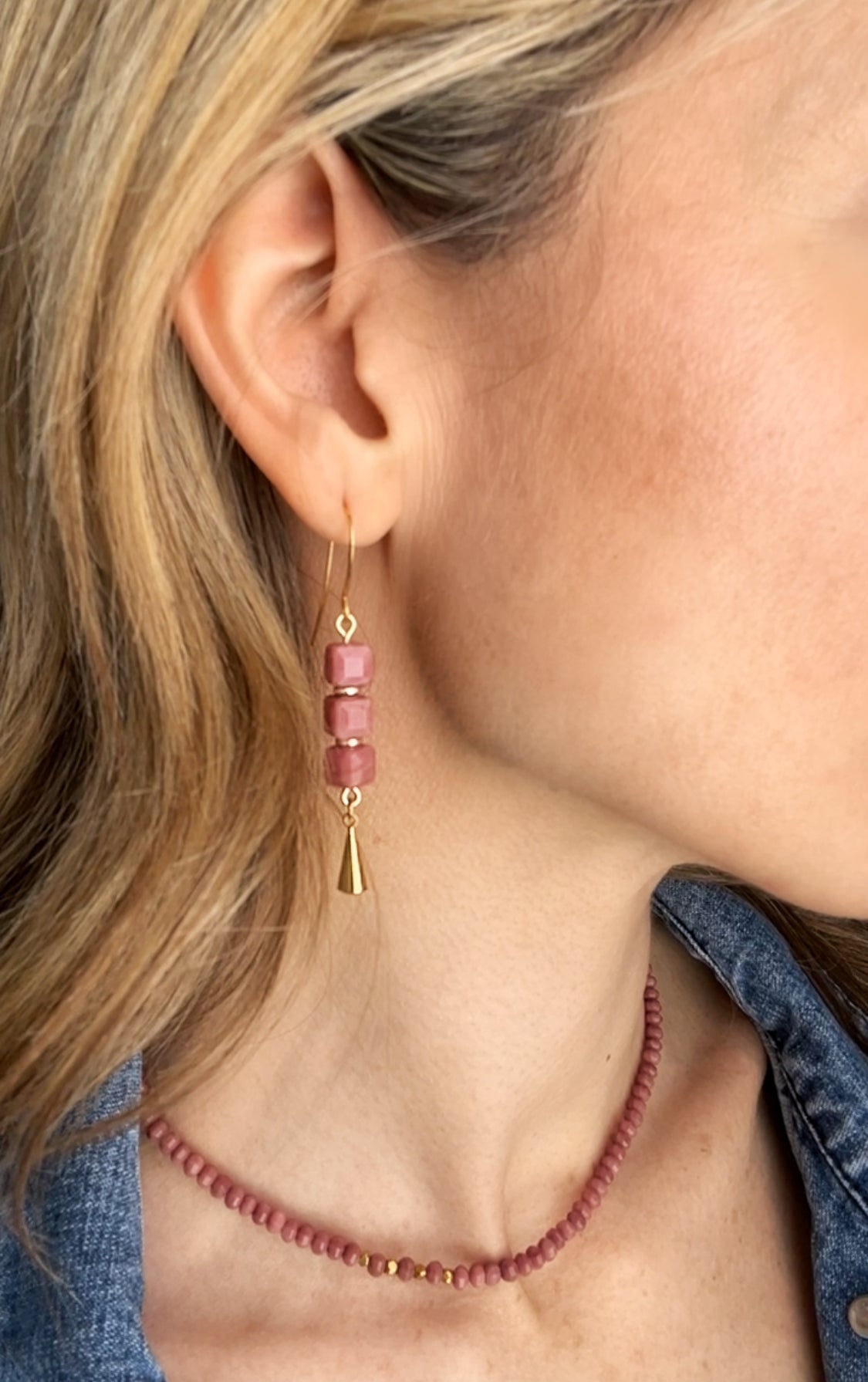 Rhodonite Cube Stack Earrings