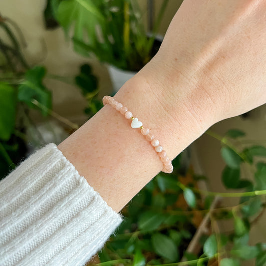 Peach Moonstone & Mother of Pearl Heart Stretch Bracelet